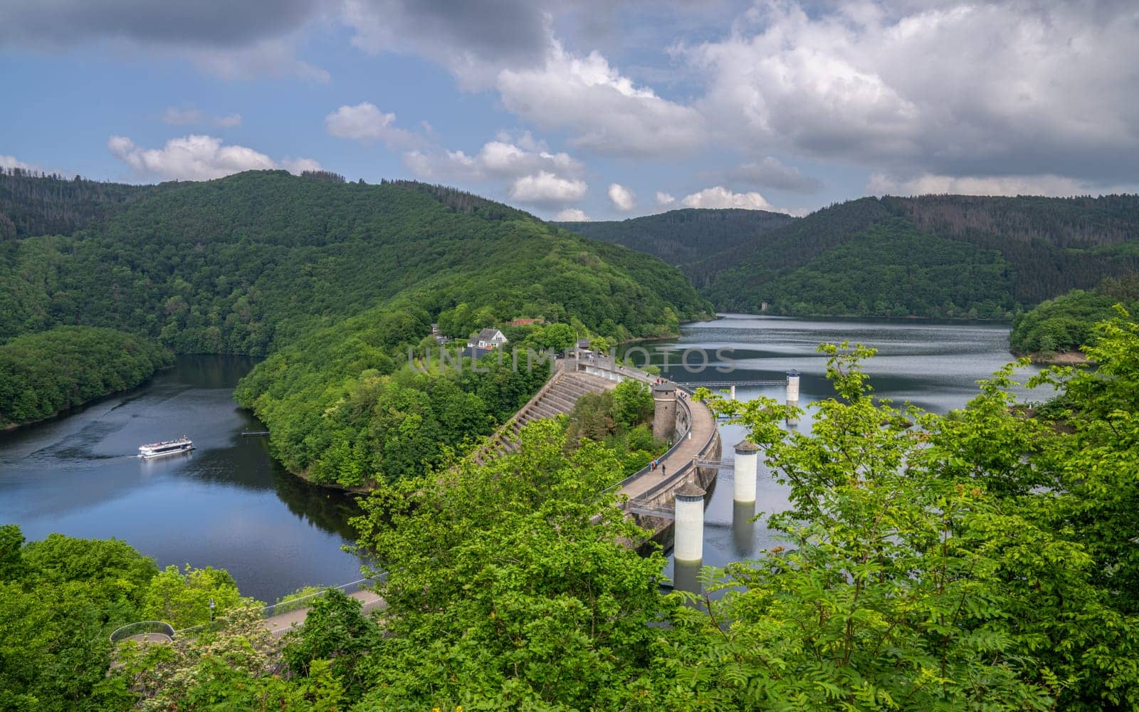Panoramic image of beautiful landscape of Urft Reservoir, Eifel, North Rhine Westphalia, Germany