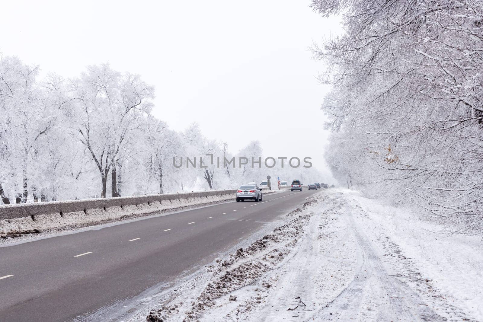 winter interstate road with snow covered trees at overcast day.