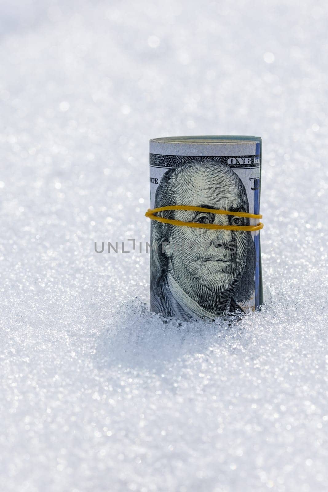A roll of real cash standing on a snow surface at sunny winter day.