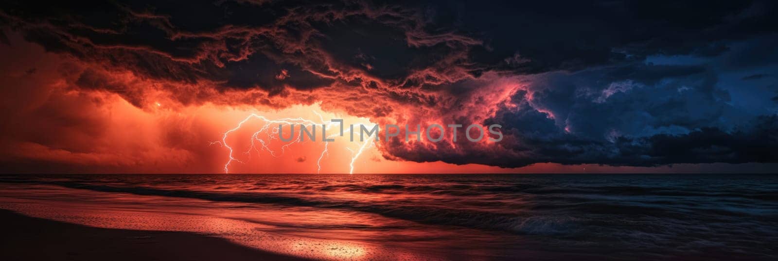 Powerful lightning strike in the sky with dark red storm clouds above the sea at night.