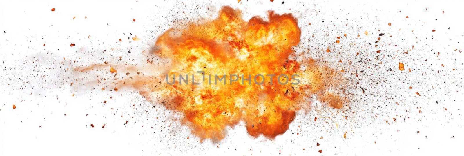 Fire explosion on white background. Yellow and orange flame after a blast, fiery background.