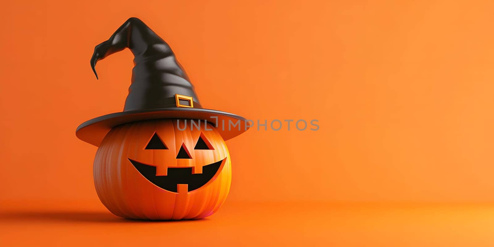 A carved pumpkin with a witch's hat sits on an orange background. It's smiling cheerfully for Halloween!