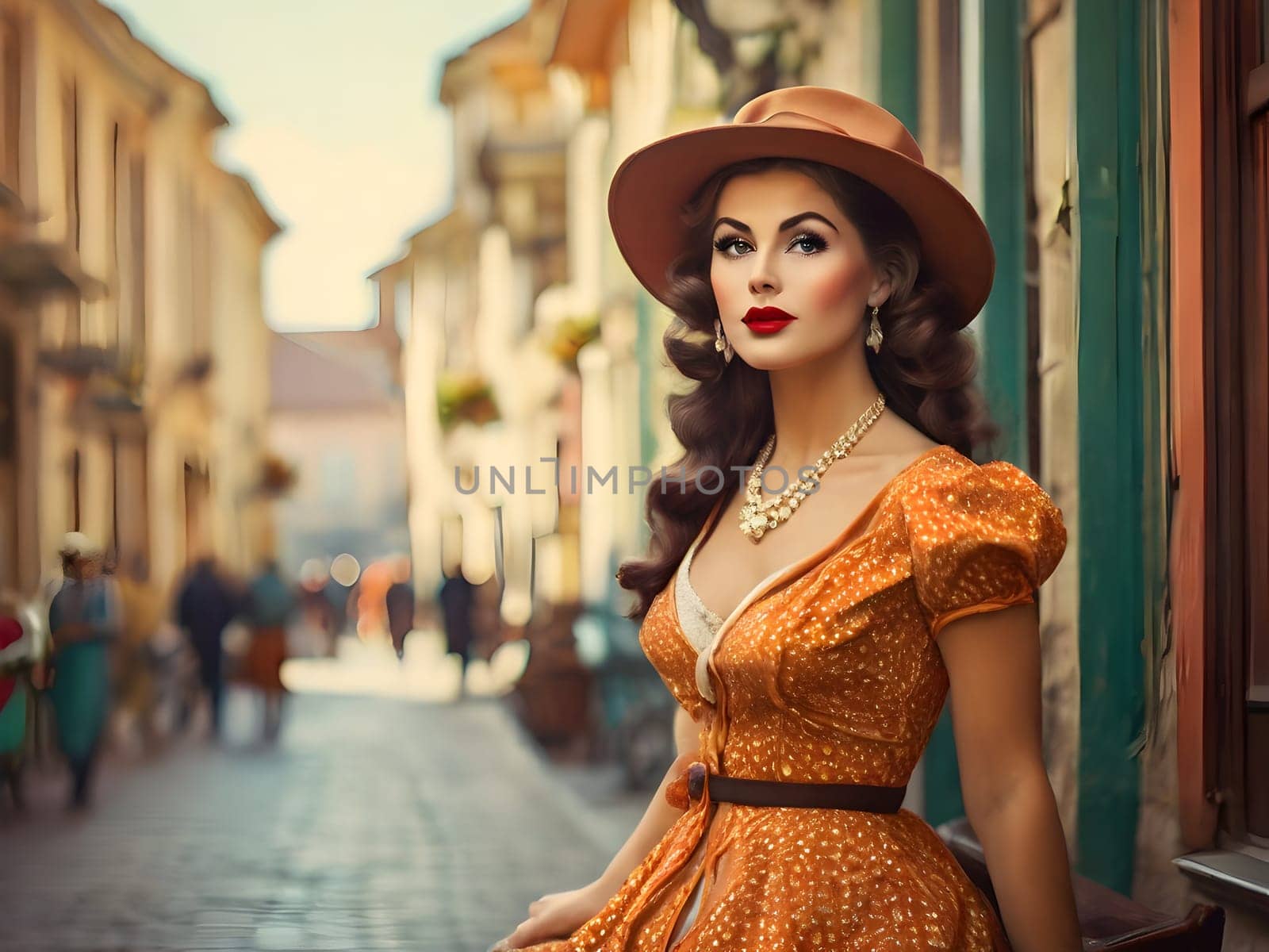 Vintage retro woman in town