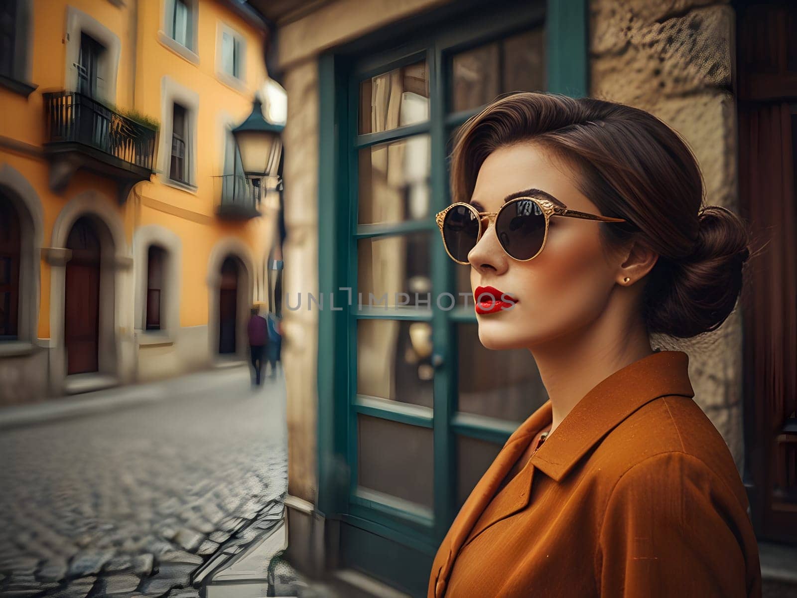 Vintage retro woman in town