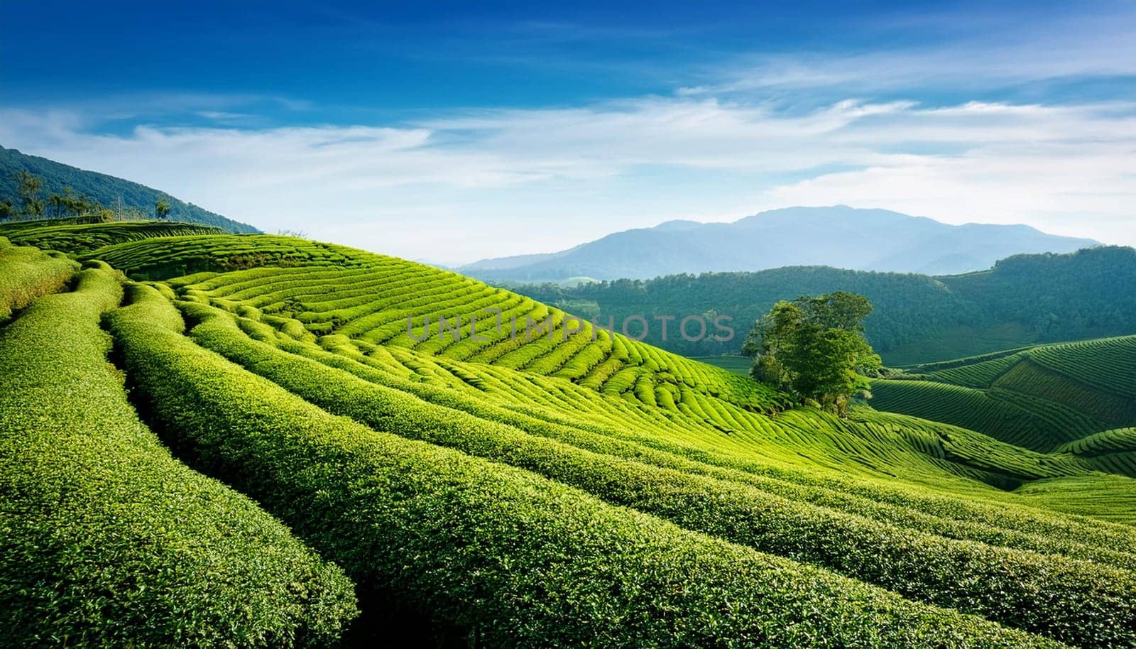 field of tea plants, AI generated image