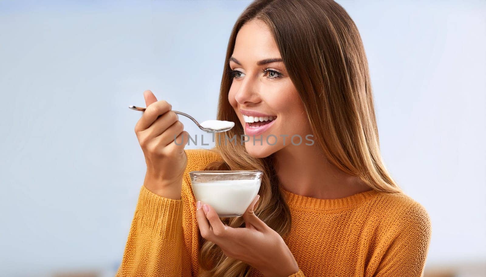 pretty young woman eating white yogurt, AI generated image