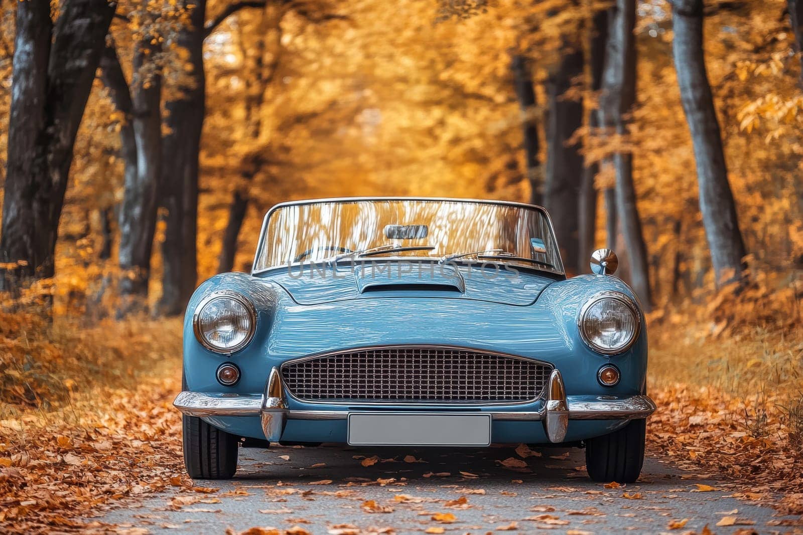 classic car on road with autumn landscape . AI generative.