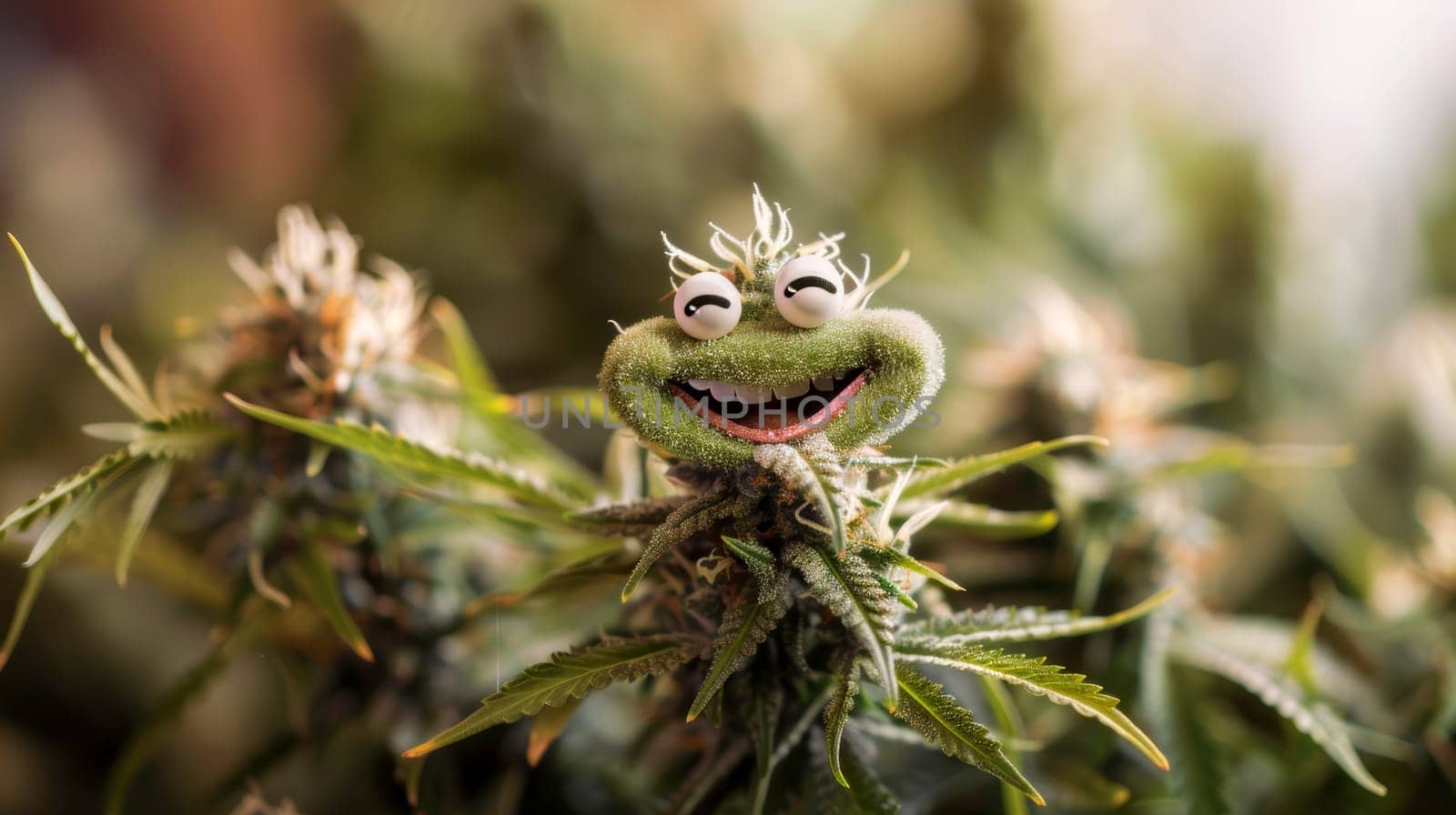 cannibis buds with a happy realistic face on a cannibis plant . AI generative.