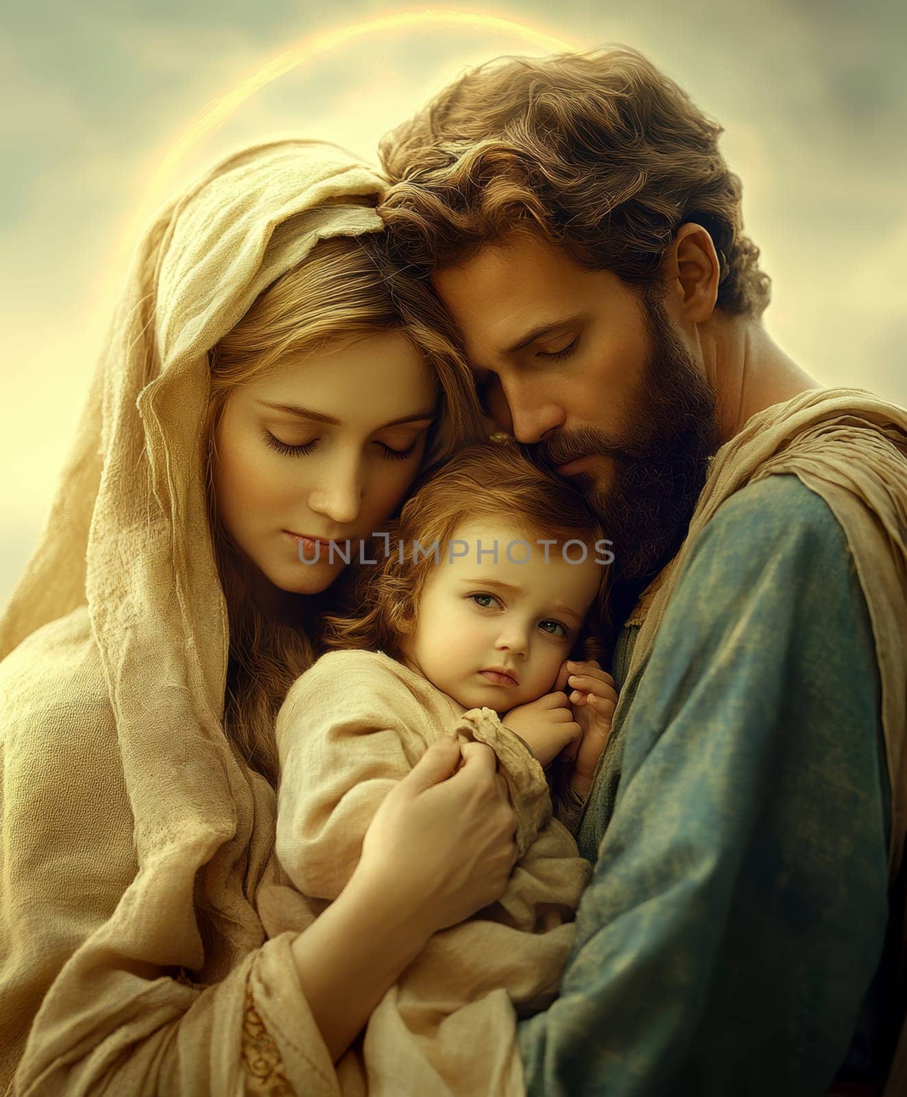 The painting depicts Mary, Joseph and the baby Jesus in a peaceful and holy scene, with Mary cradling Jesus in her arms and Joseph standing protectively by their side.AI generative.