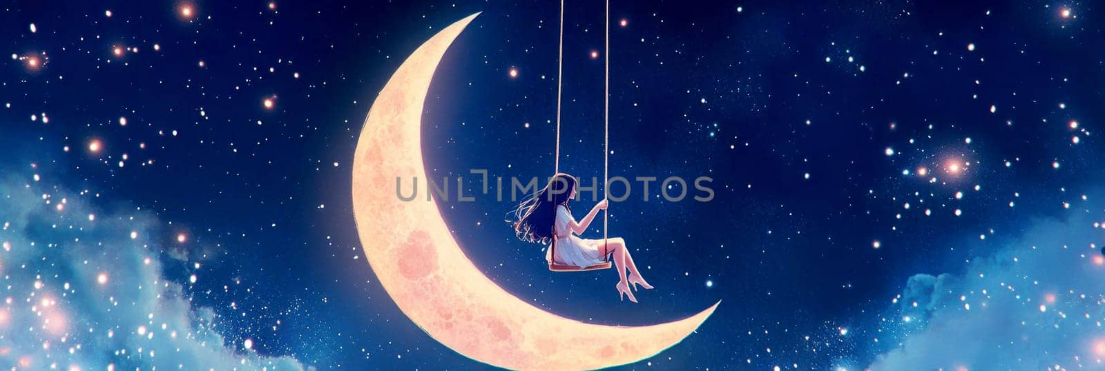 Sitting and hustling on the Crescent Moon girl, in the background the night sky full of stars. AI generative.