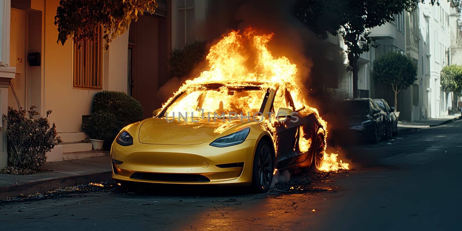 electric car engulfed in flames. AI generative.