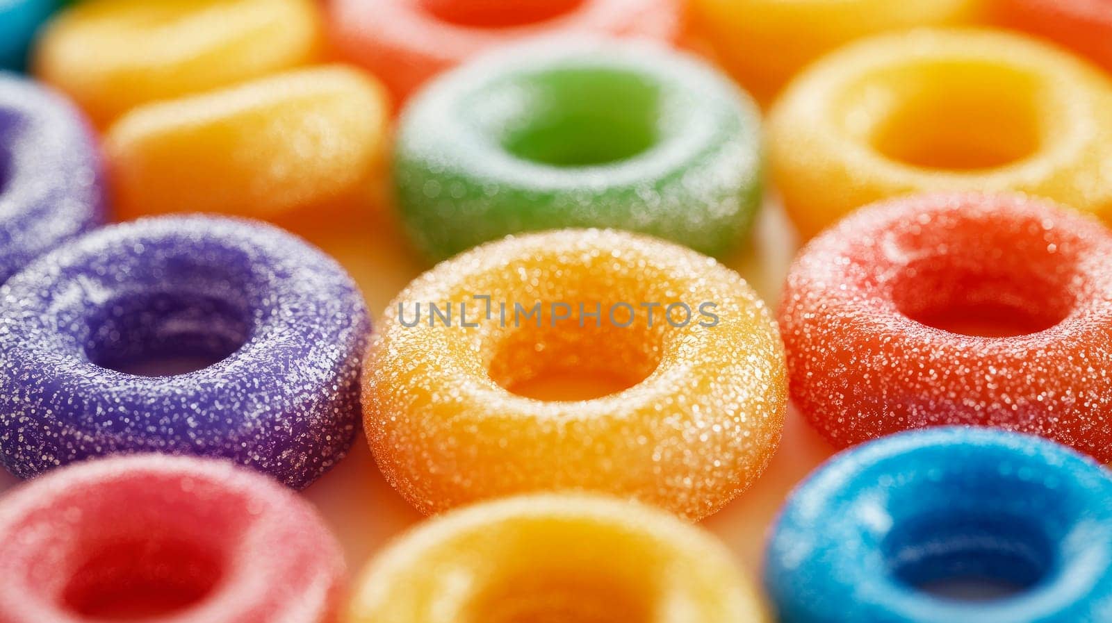 Close-up view of sugar coated colourful gummy rings. AI generated