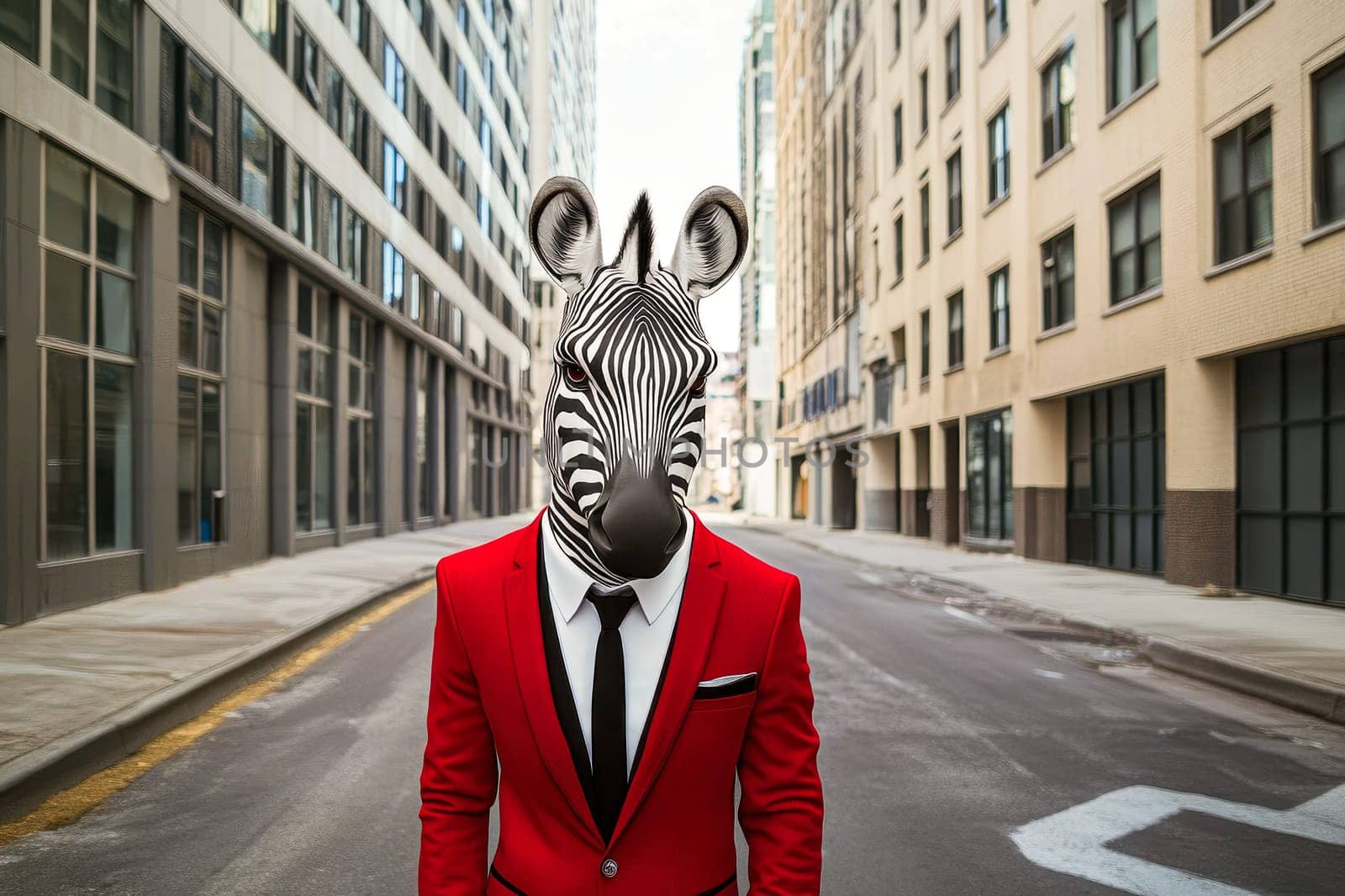 A zebra in a red suit standing on empty street. AI generated