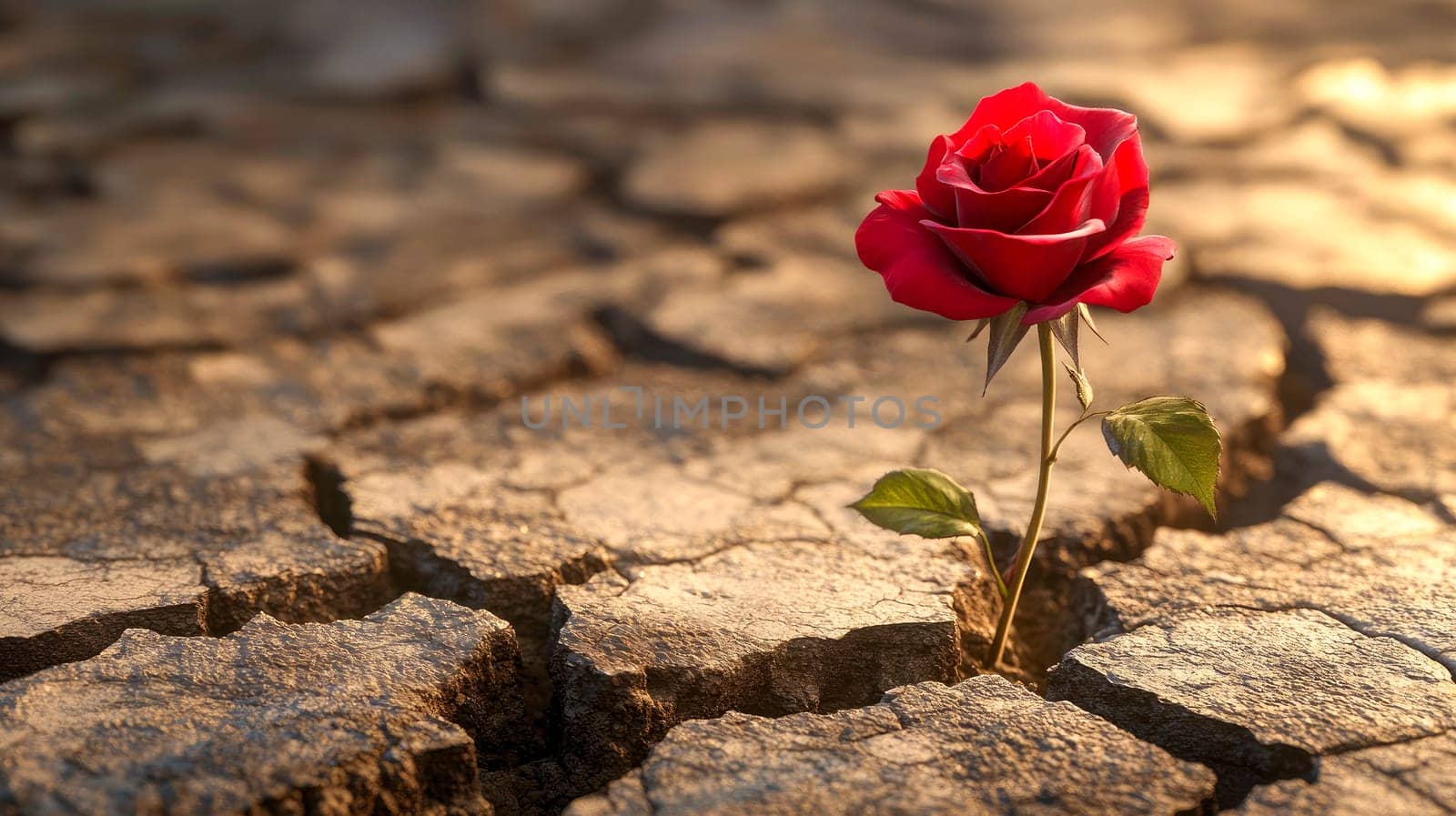A single red rose flower growing through cracks in the clay. AI generated