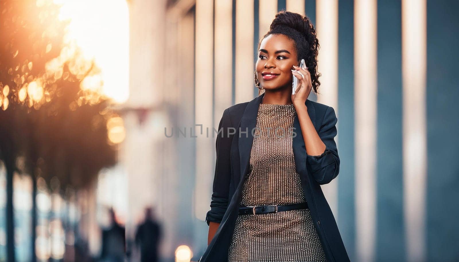 gorgeous elegant business woman talking on mobile phone, AI generated image