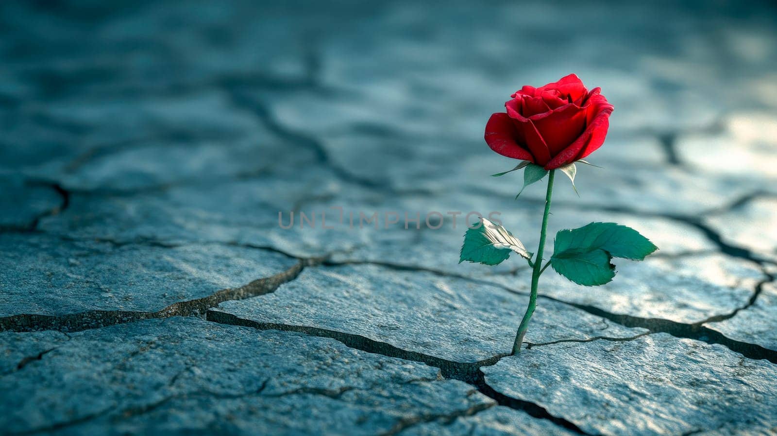 A red rose flower growing through cracks in the clay. AI generated