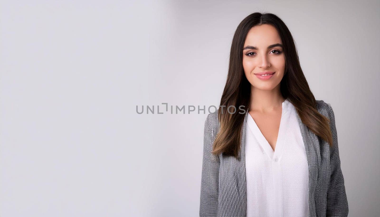 gorgeous young woman white dress over white wall, AI generated image