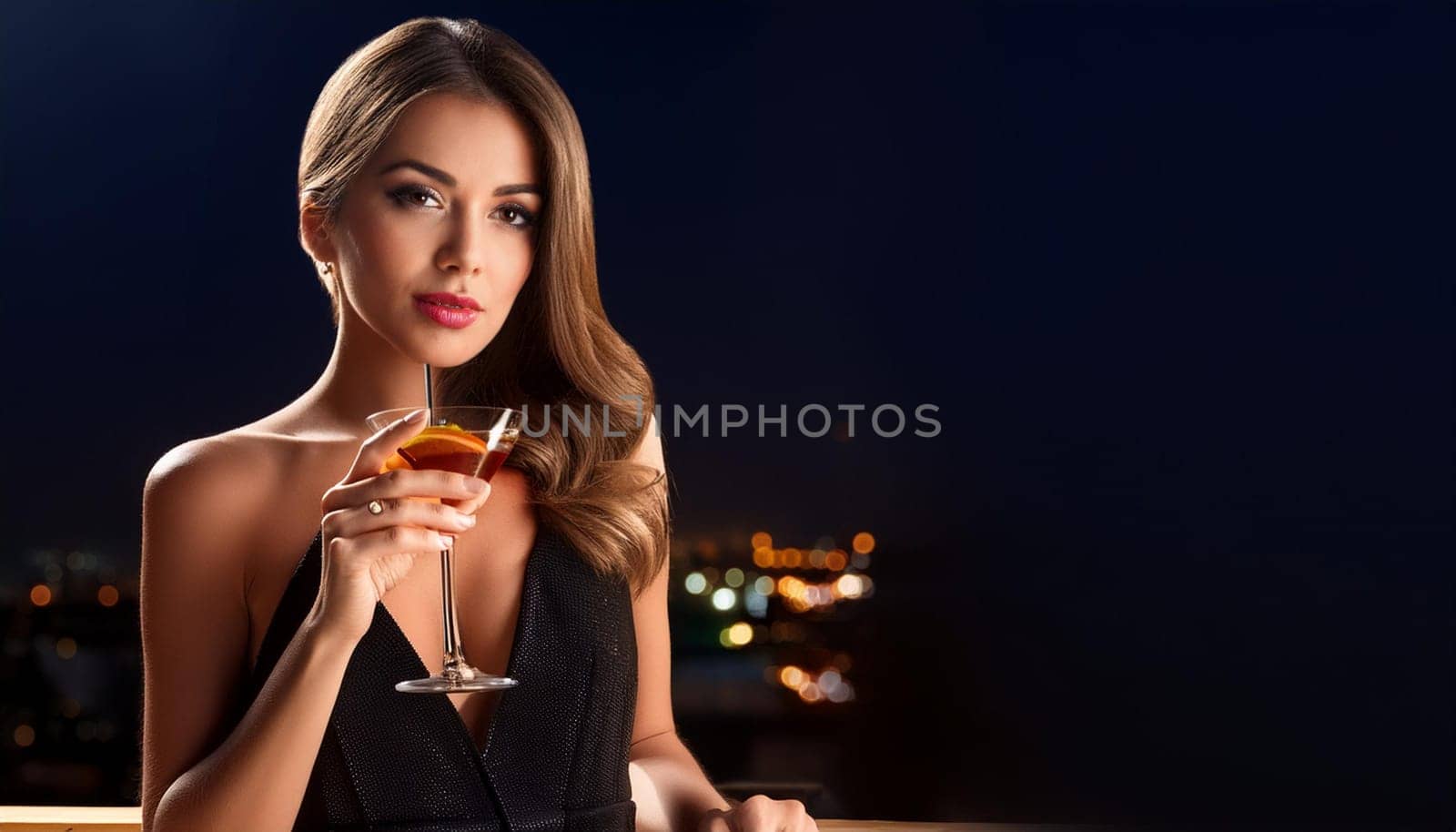 gorgeous woman drinking a cocktail, AI generated image