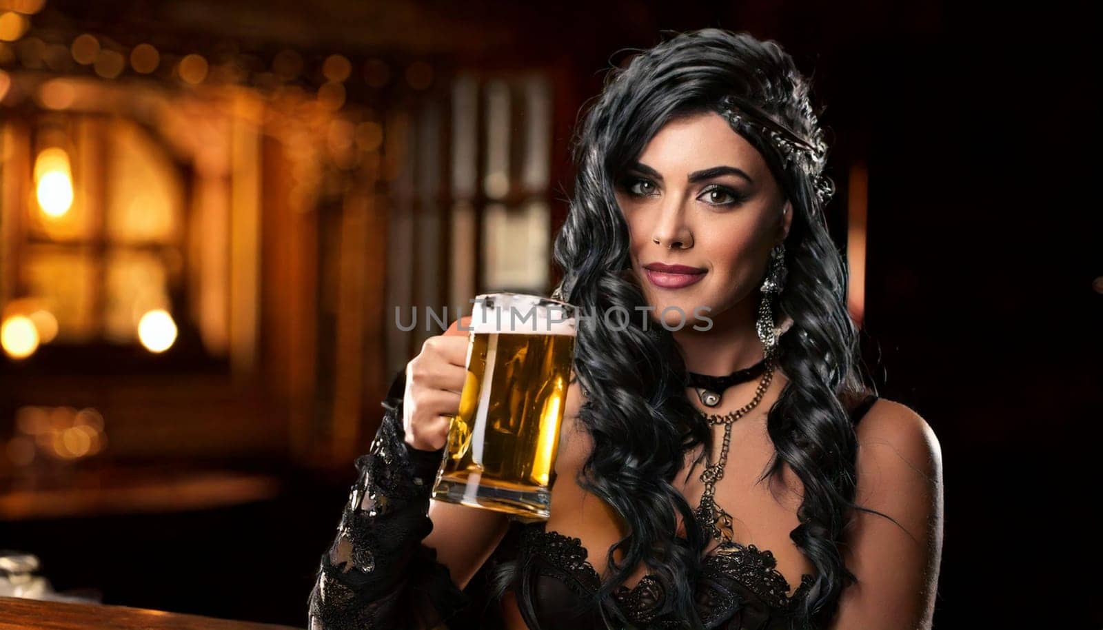gorgeous young goth woman drinking beer in a pub, AI generated image