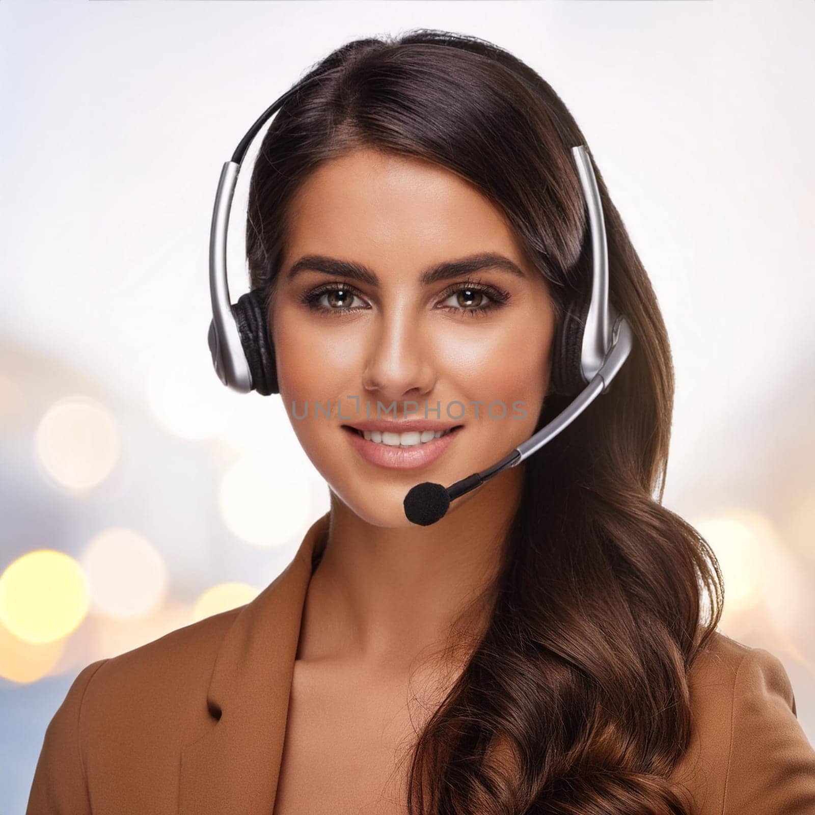 gorgeous young woman with headset in call centre, AI generated image