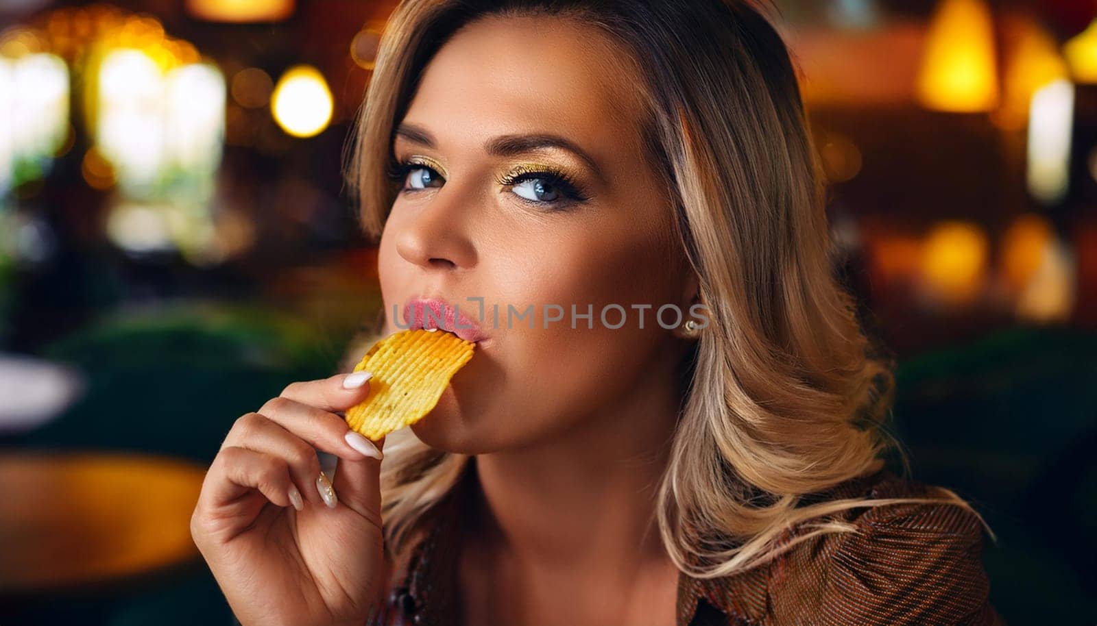 gorgeous young woman eating chips, AI generated image