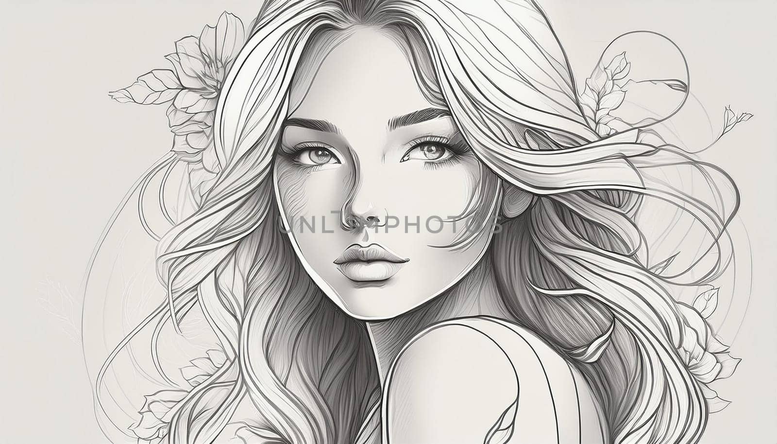 gorgeous hand drawn illustration of young woman, AI generated image