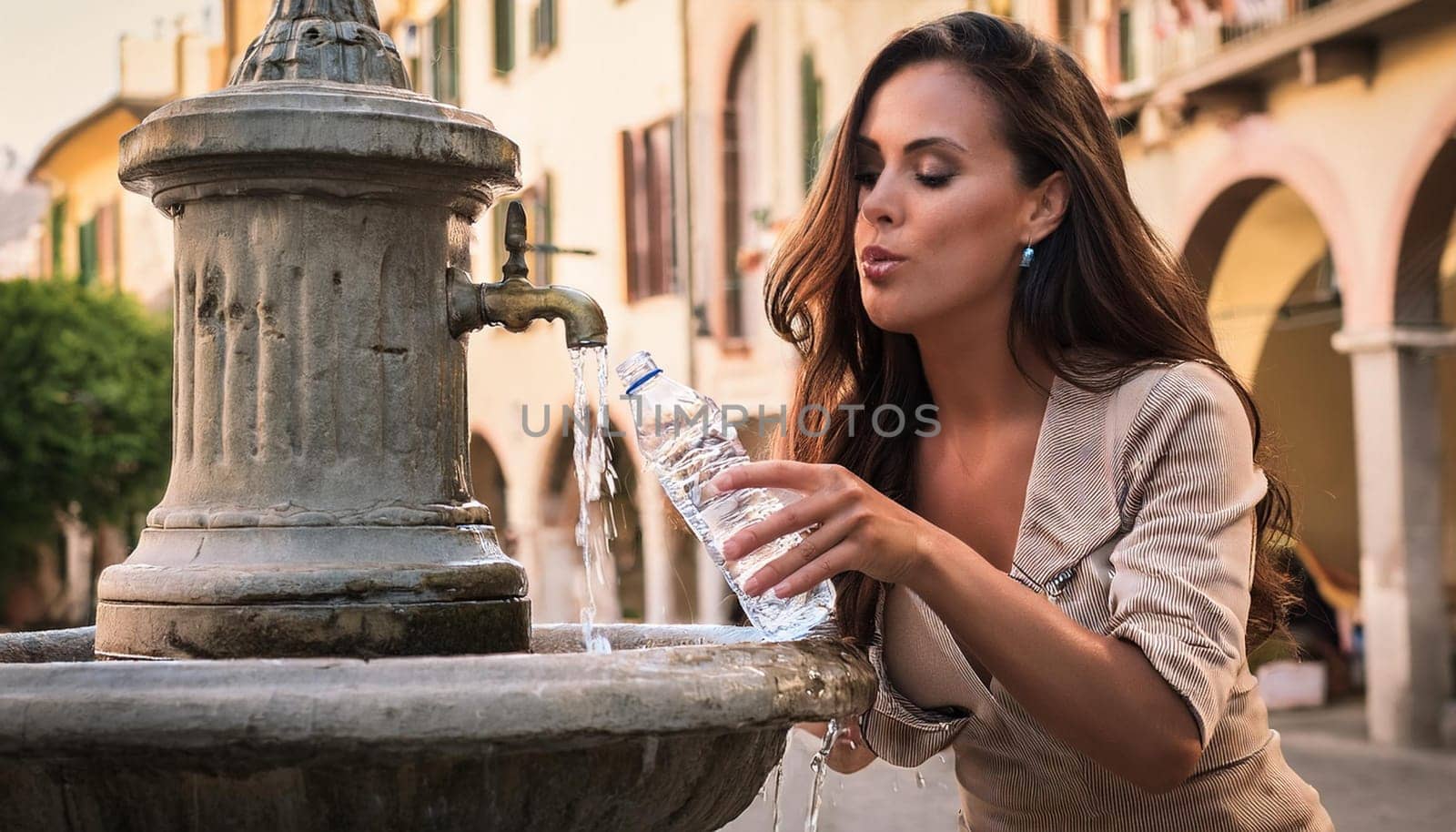 gorgeous young woman drinking water from a fountain, AI generated image