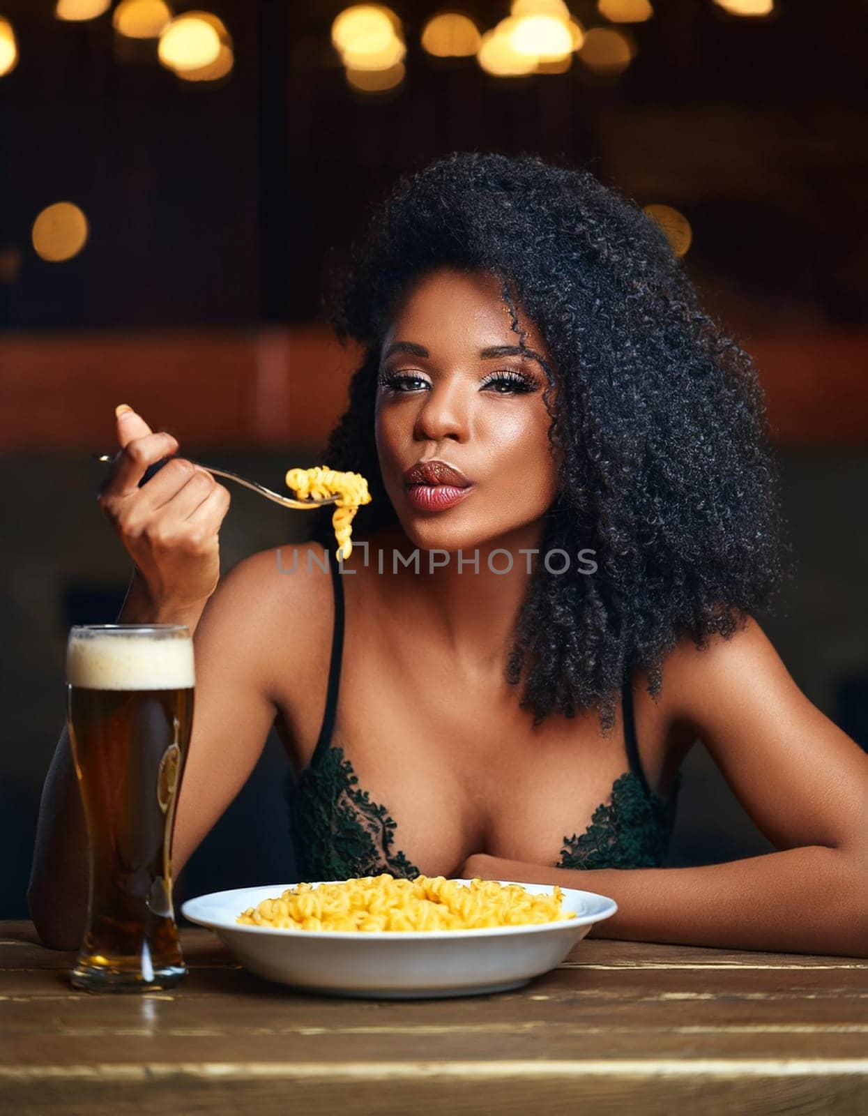 gorgeous young woman eating macaroni cheese and drinking beer, AI generated image