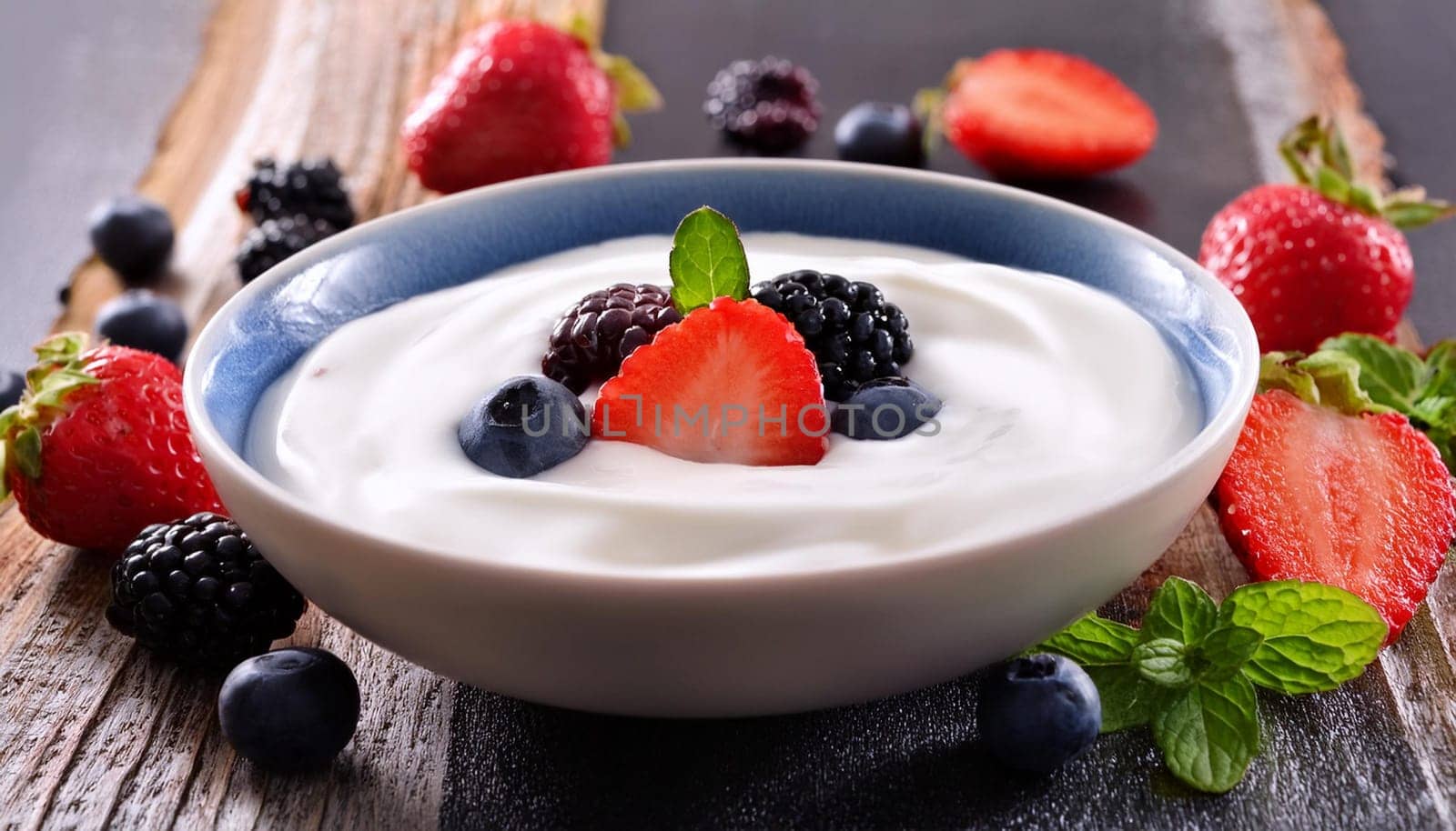white yogurt with blueberries and strawberries, AI generated image
