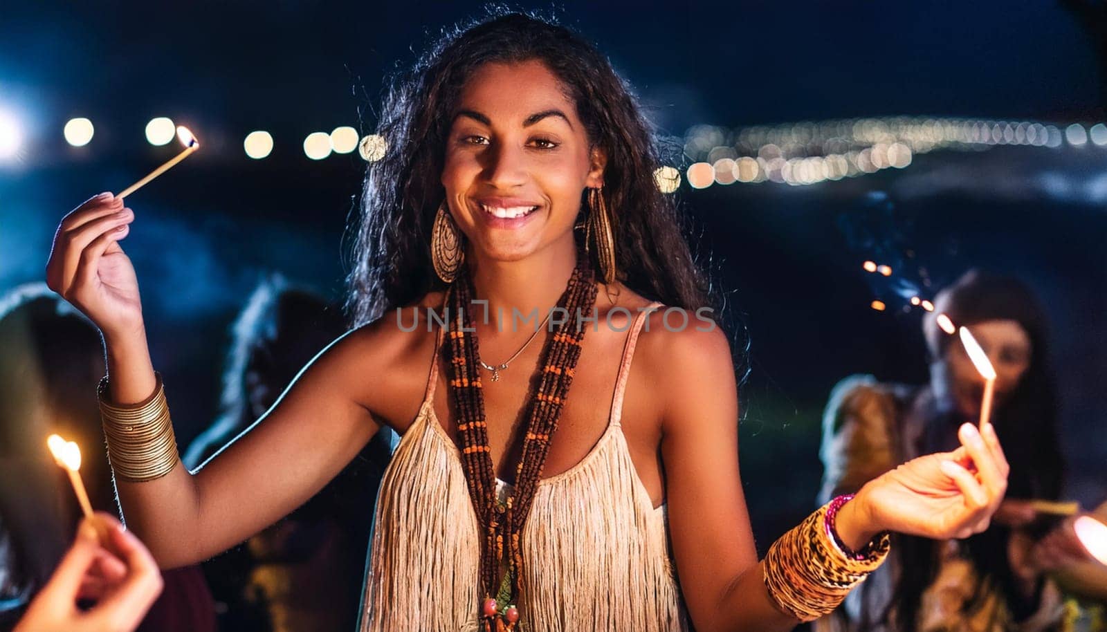 gorgeous young hippy woman at a concert, AI generated image