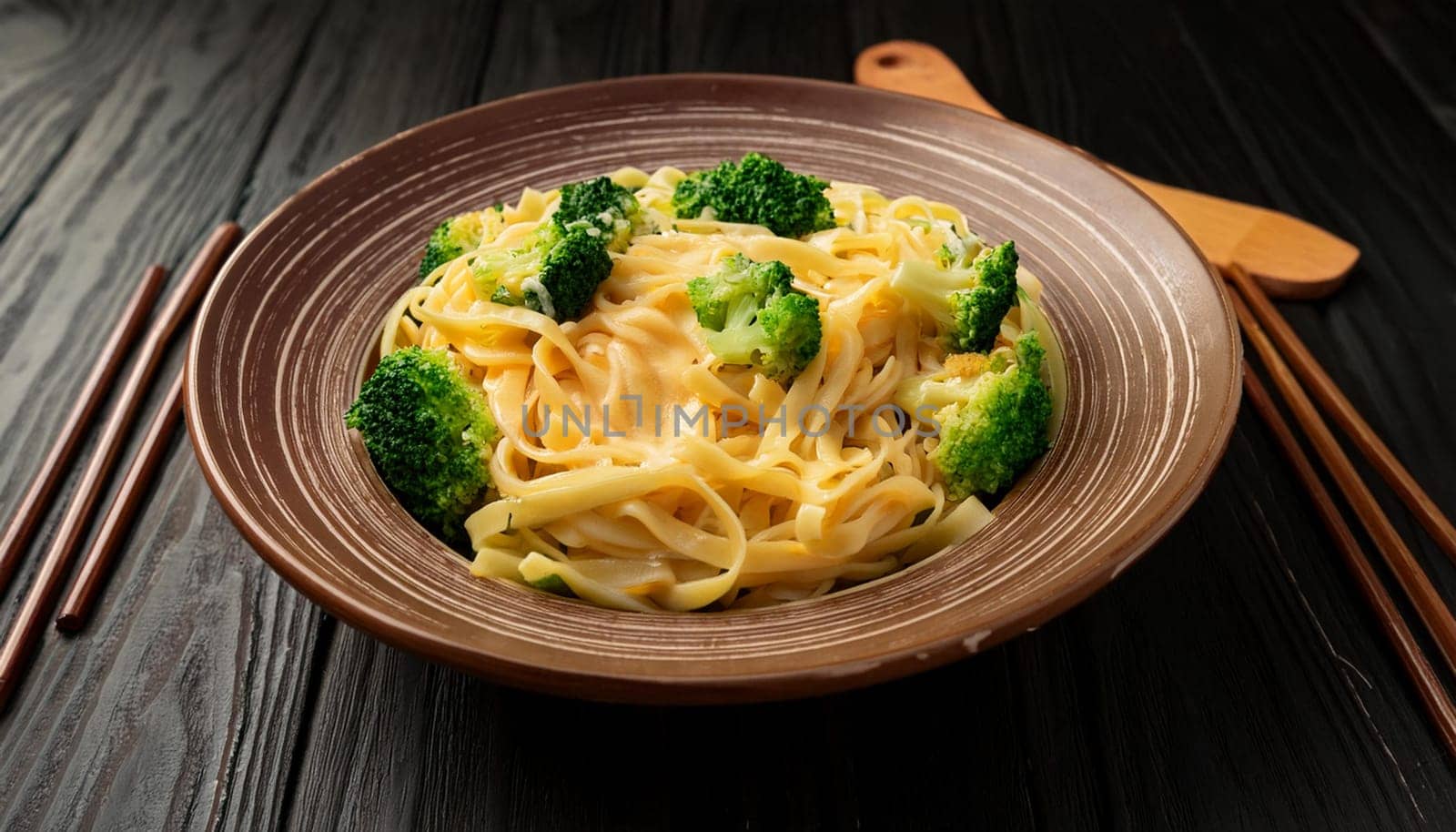 vegetarian cheesy noodles dish, AI generated image