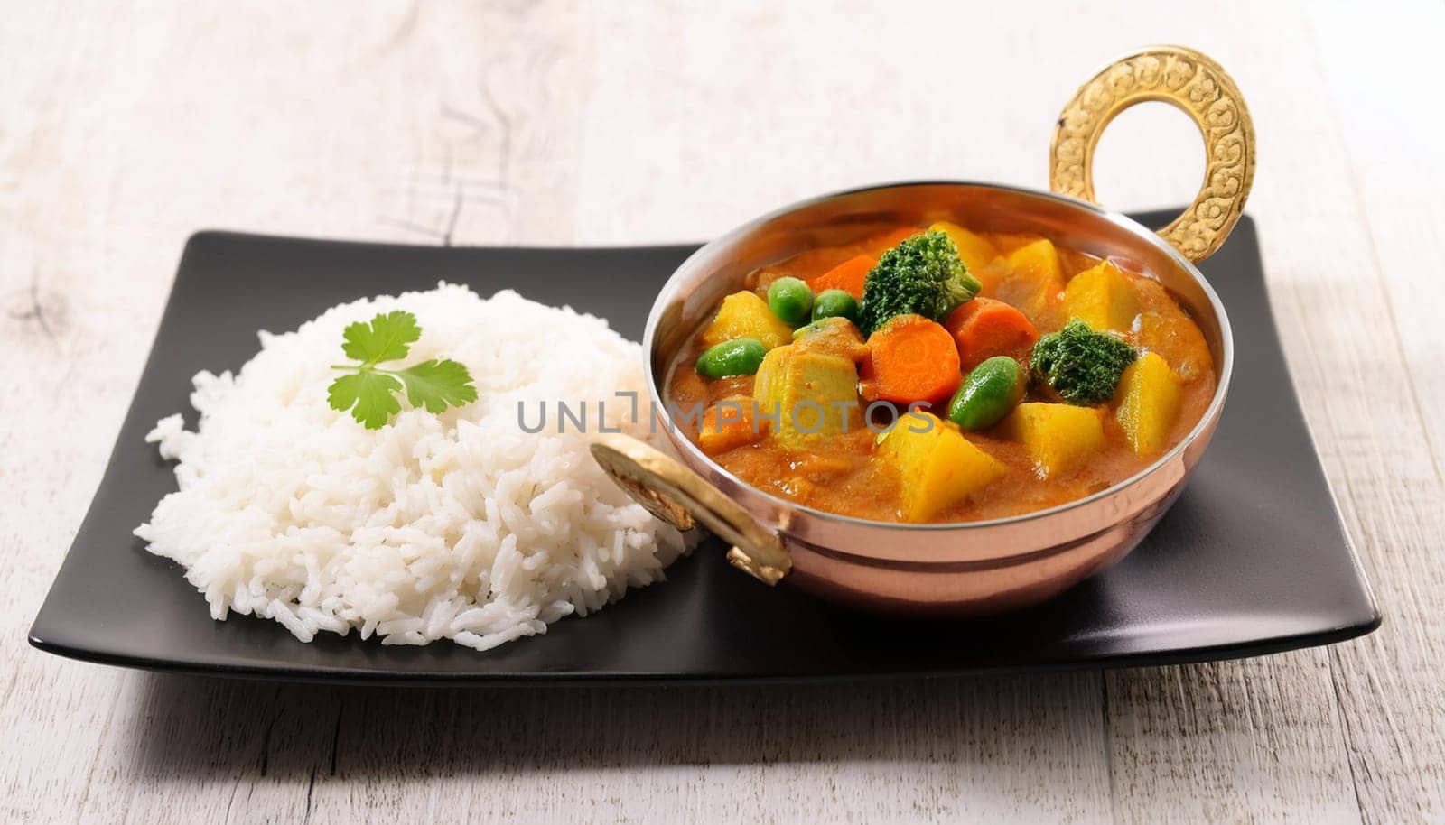 indian vegetable curry food with basmati rice, AI generated image