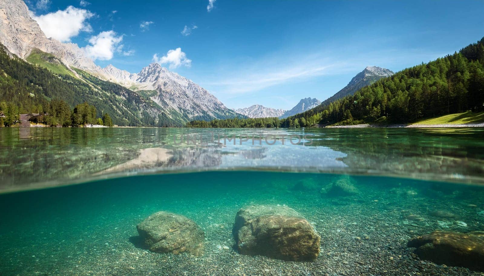 alpine mountains lake landscape view, AI generated image