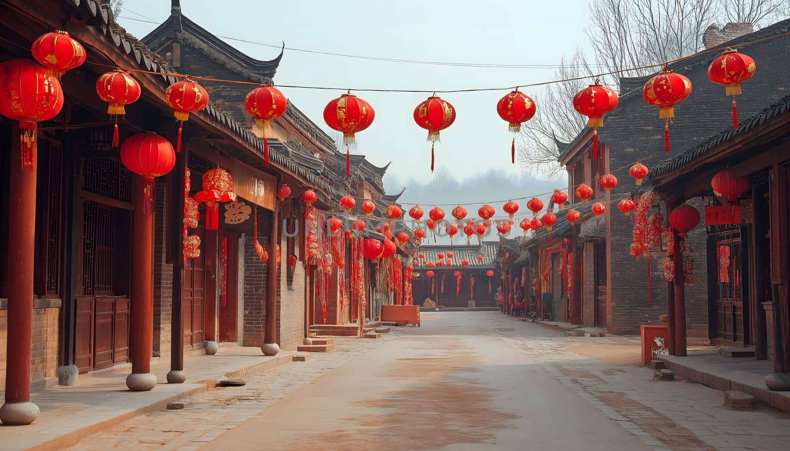 Chinese neatly hung illuminated paper red lanterns in the night of Chinese Happy New Year festival of happiness. Banner, postcard. Empty street of downtown or city with nobody, no people. Old houses