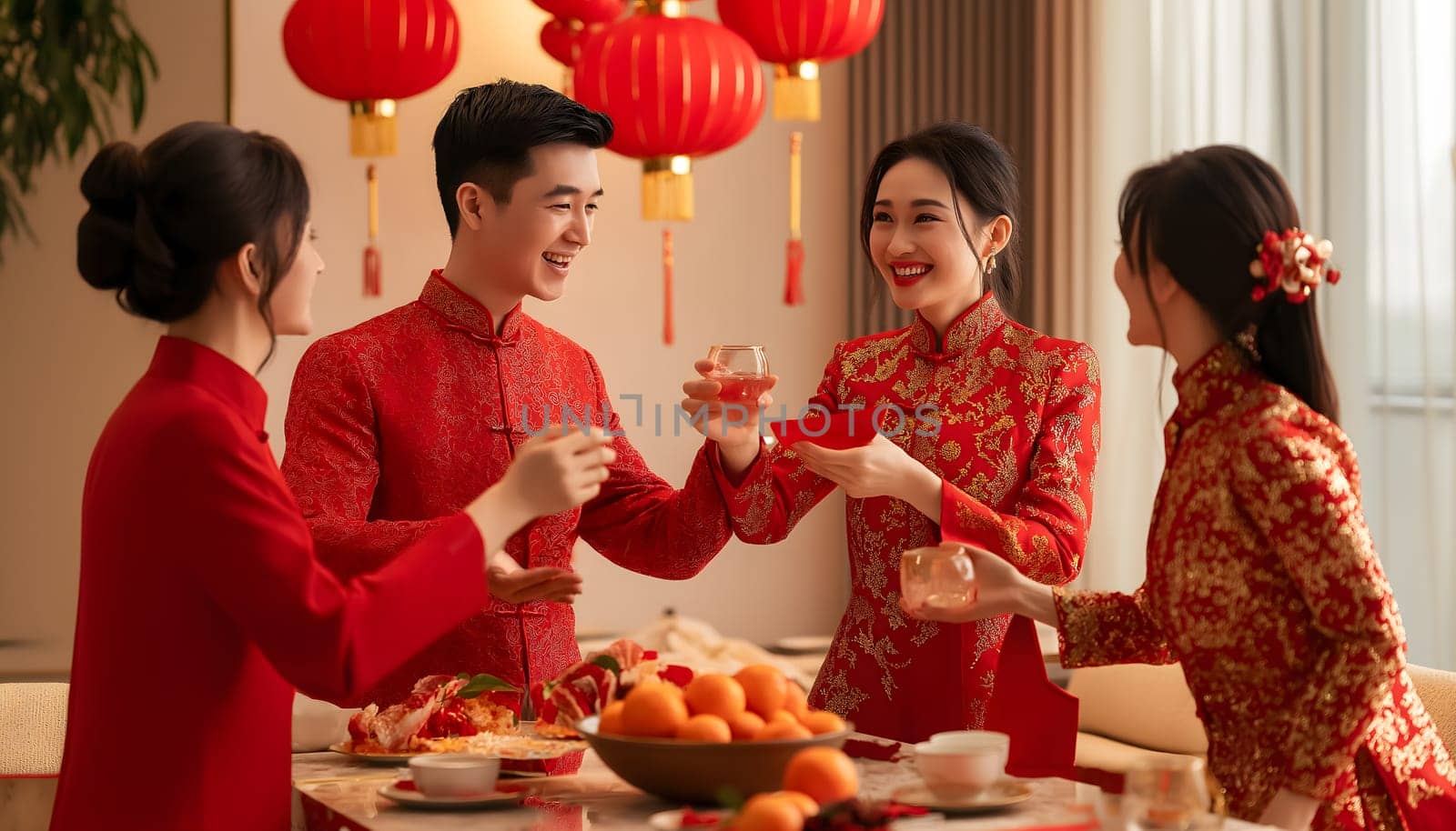 Family celebrating Chinese Happy New Year festival at table at home, restaurant. Neatly hung illuminated paper red lanterns. Happiness, luck and prosper. Banner, postcard, greeting card. Tangerines
