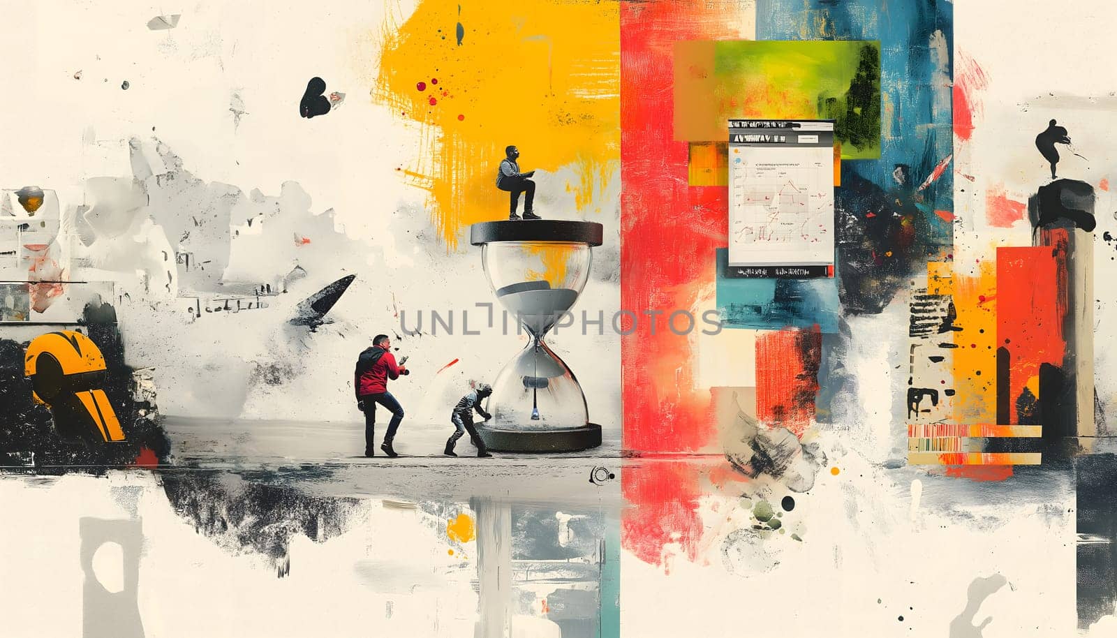 Contemporary abstract art collage picture. Composite artwork image background. Time is money. City building, urban development. Hard work, innovative strategy. Concept of business, globalism