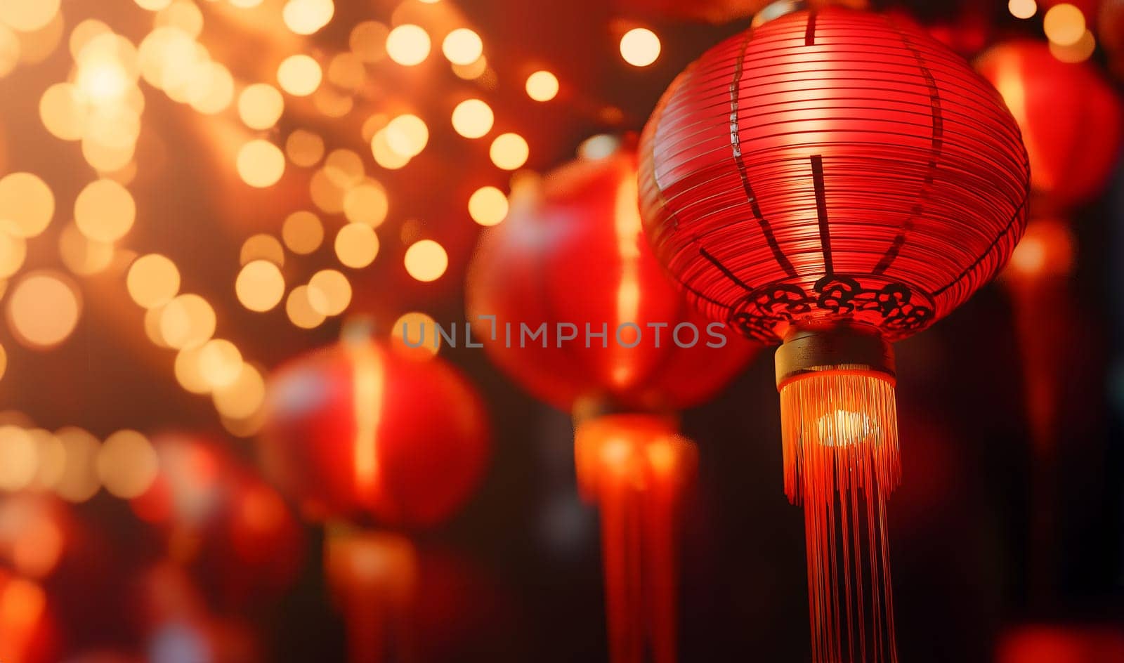 Illuminated, highlighted Chinese neatly hung paper red golden lanterns in the night of Chinese Happy New Year festival of happiness. Banner, postcard, wallpaper. Greeting gift card
