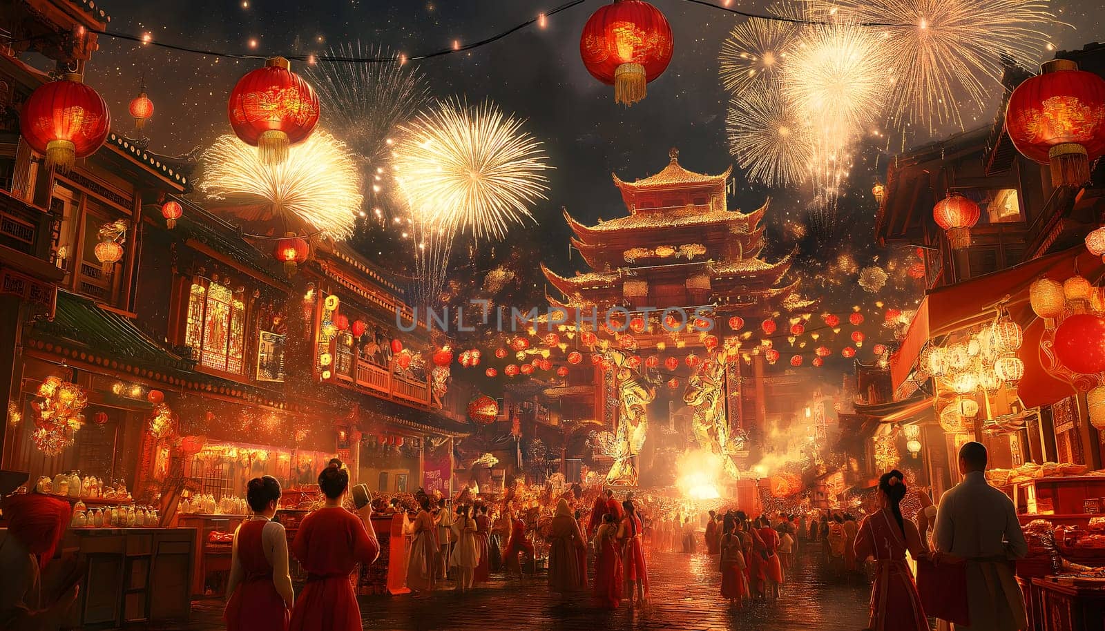 Chinese neatly hung illuminated paper red lanterns in the night of Chinese Happy New Year festival of happiness. Banner, postcard. Downtown street or city with a lot of people celebrating. Old time