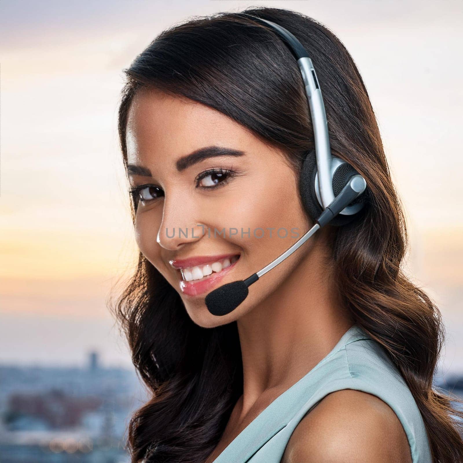 gorgeous young woman with headset in call centre, AI generated image