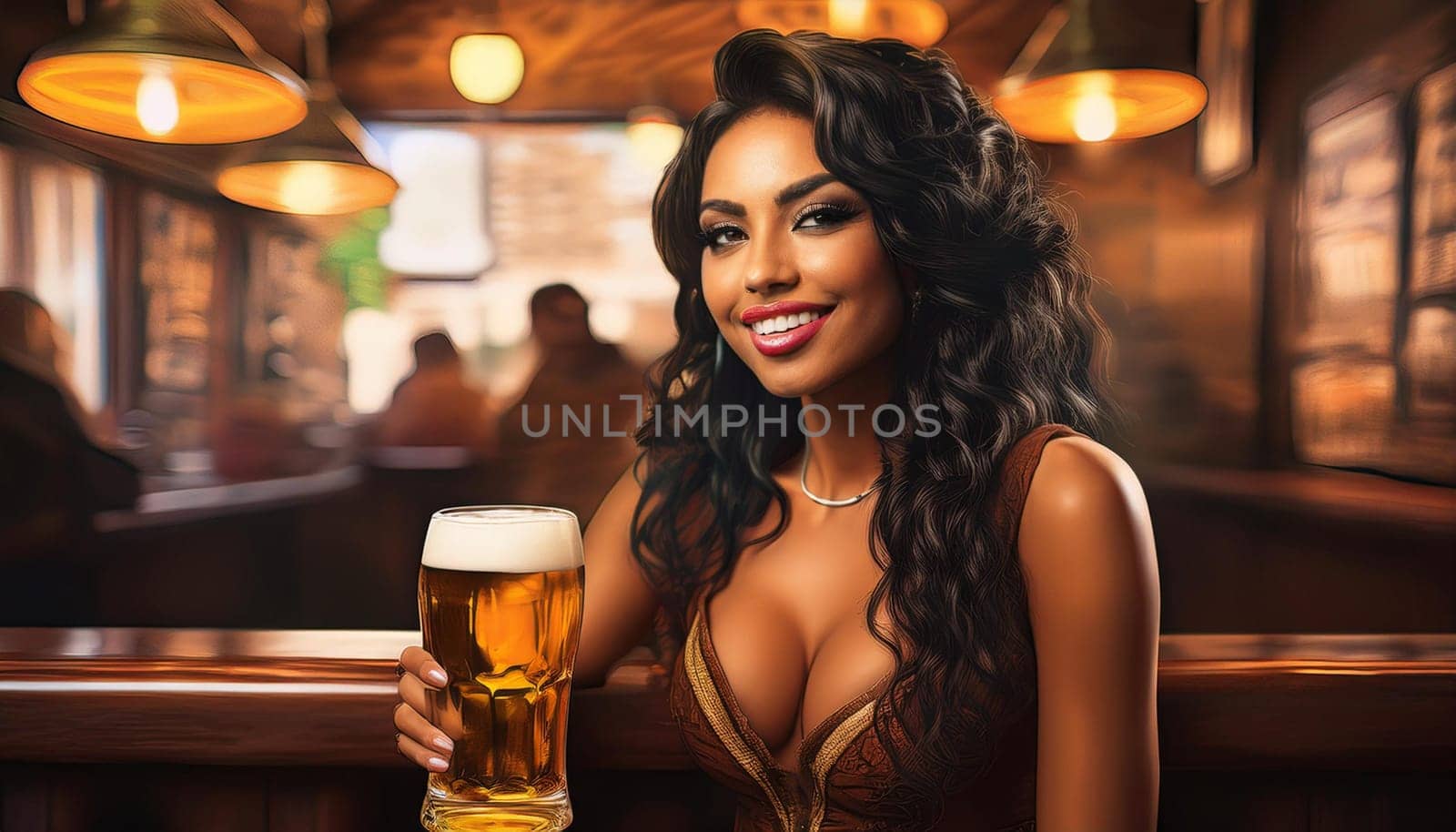 gorgeous young woman drinking beer at the pub, AI generated image