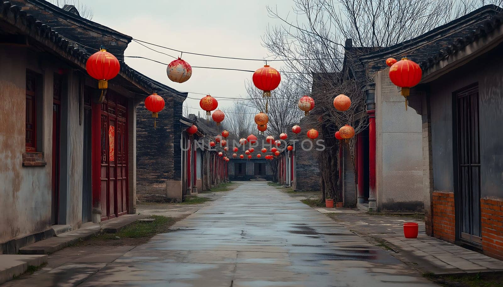 Chinese neatly hung illuminated paper red lanterns in the night of Chinese Happy New Year festival of happiness. Banner, postcard. Empty street of downtown or city with nobody, no people. Old houses