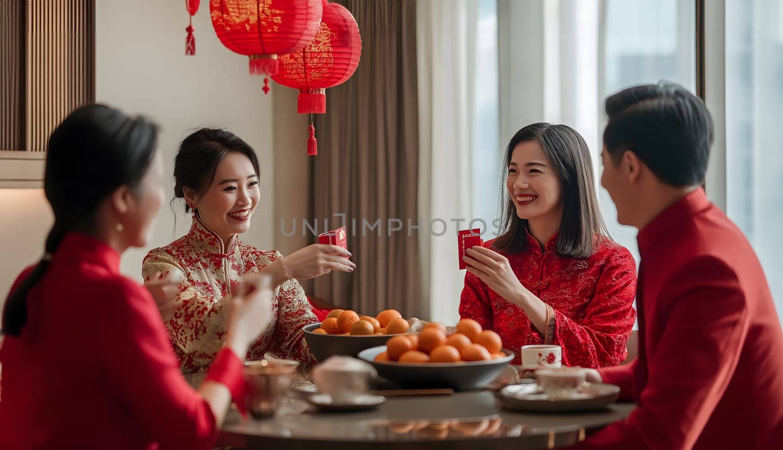 Family celebrating Chinese Happy New Year festival at table at home, restaurant. Neatly hung illuminated paper red lanterns. Happiness, luck and prosper. Banner, postcard, greeting card. Tangerines
