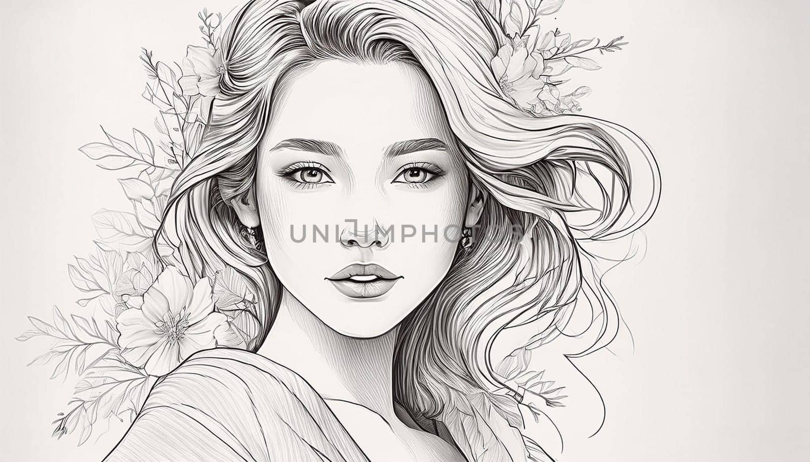 gorgeous hand drawn illustration of young woman, AI generated image
