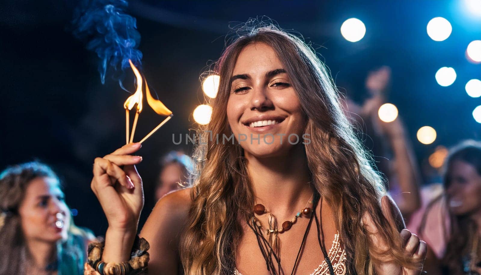 gorgeous young hippy woman at a concert, AI generated image
