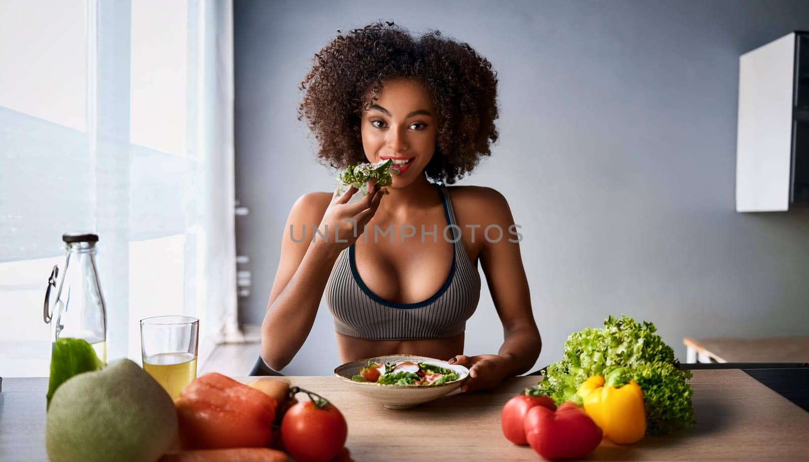 gorgeous young woman eating healthy vegetarian food, AI generated image