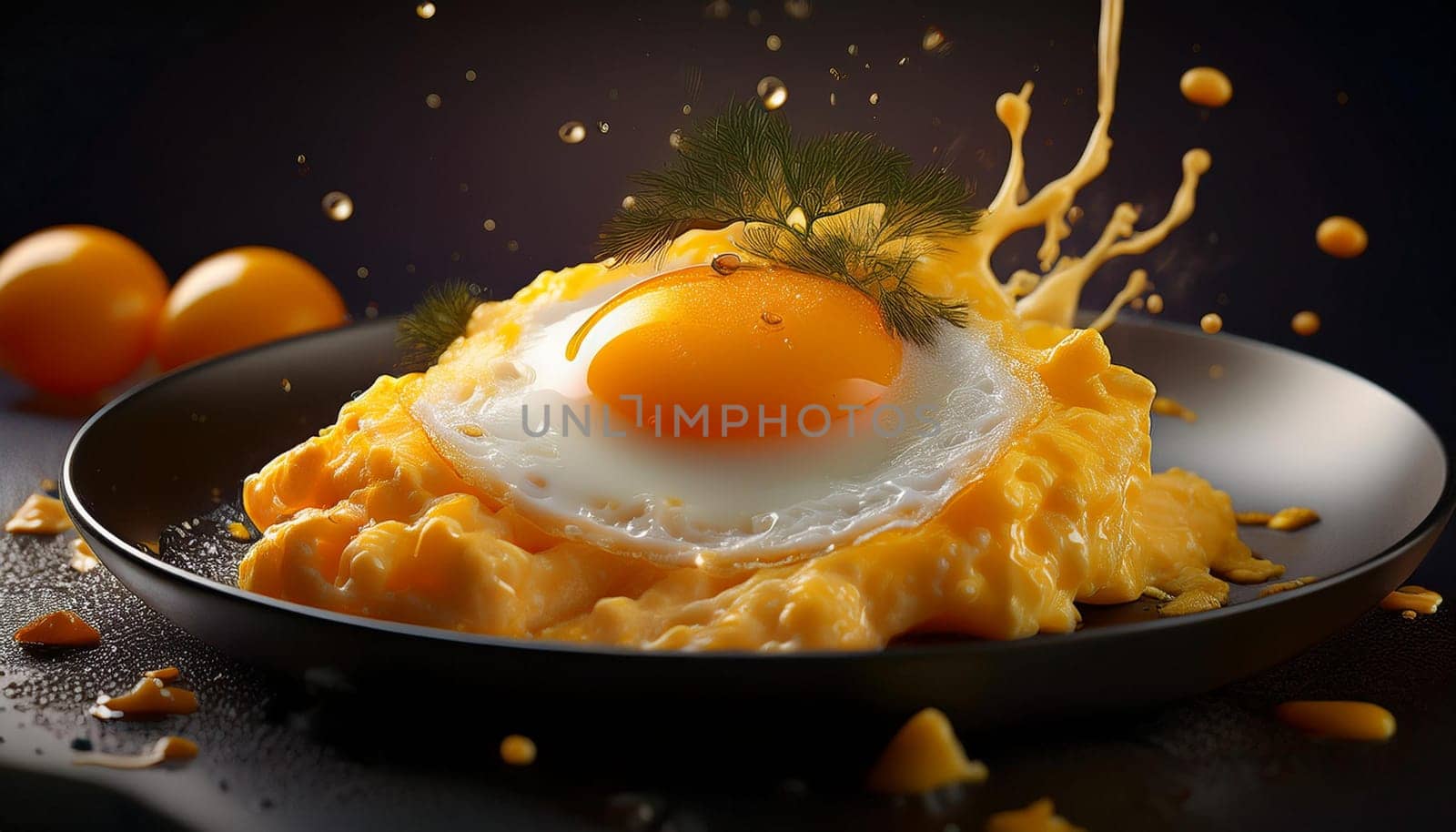 scrambled egg with fried egg on top, AI generated image