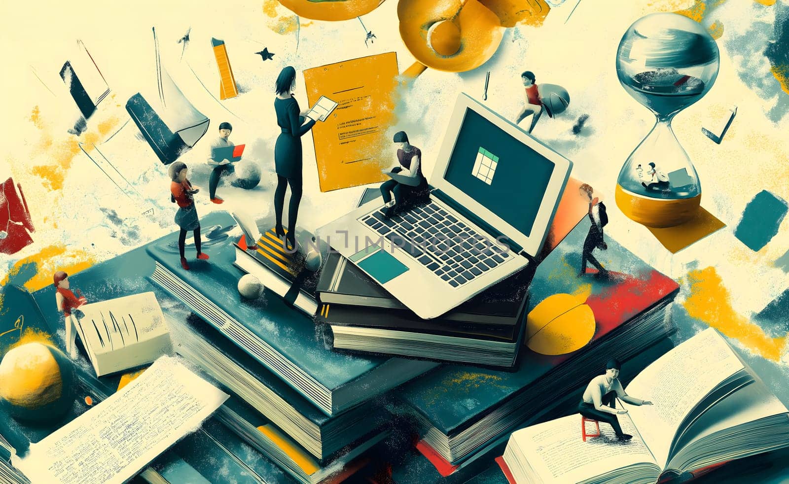 Contemporary abstract art collage picture. Composite artwork image background. Laptop, innovative strategy. Concept of business, team work reporting, planning career, education, technology, internet