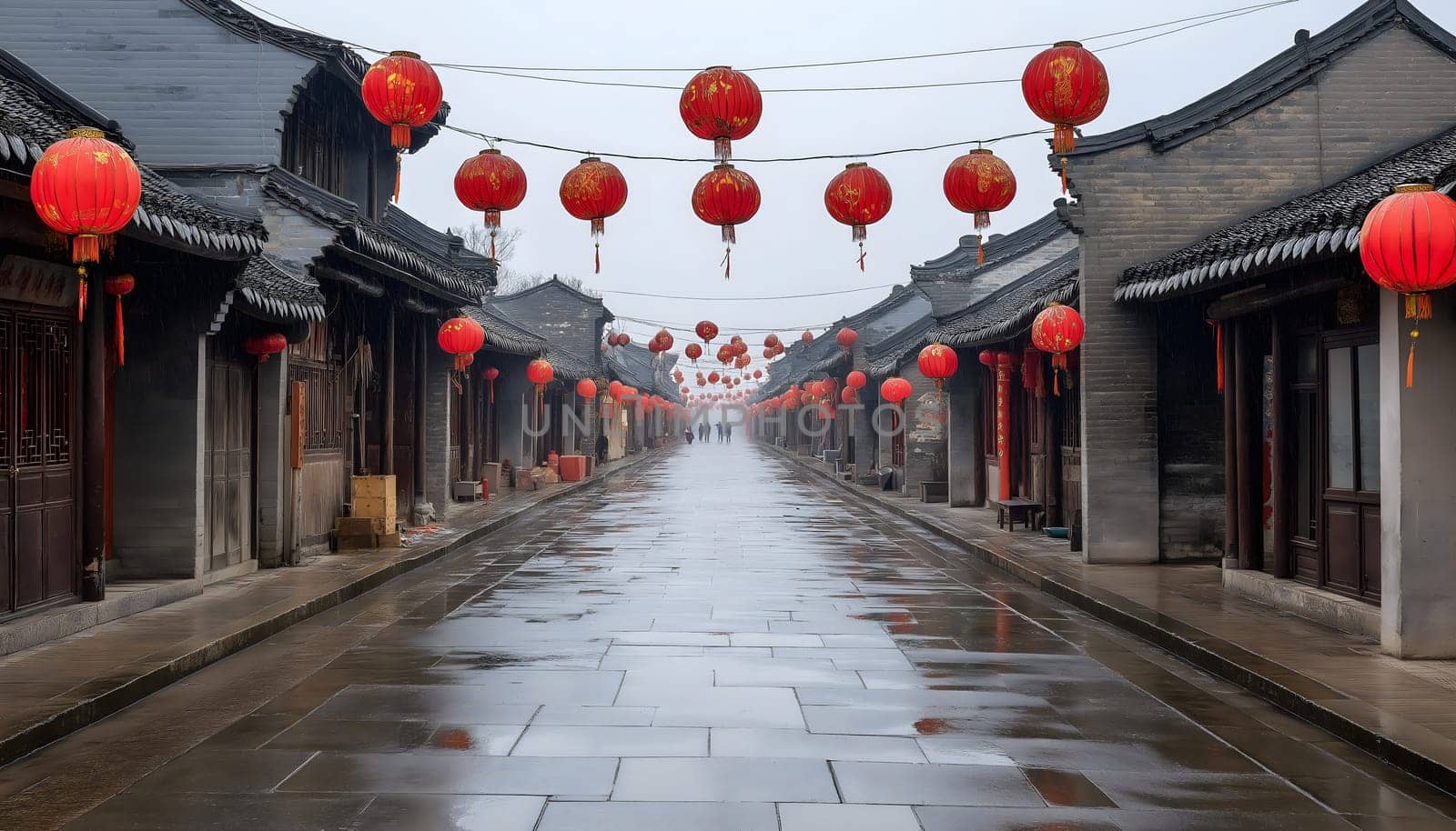 Chinese neatly hung illuminated paper red lanterns in the night of Chinese Happy New Year festival of happiness. Banner, postcard. Empty street of downtown or city with nobody, no people. Old houses