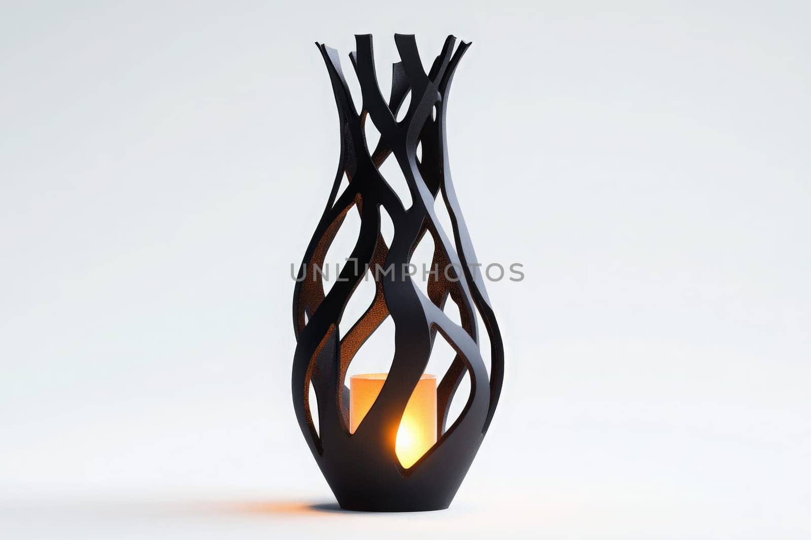 A sleek designer lamp stands isolated in the center, showcasing its unique black design. The soft illumination from within creates an inviting atmosphere, perfect for modern interiors.
