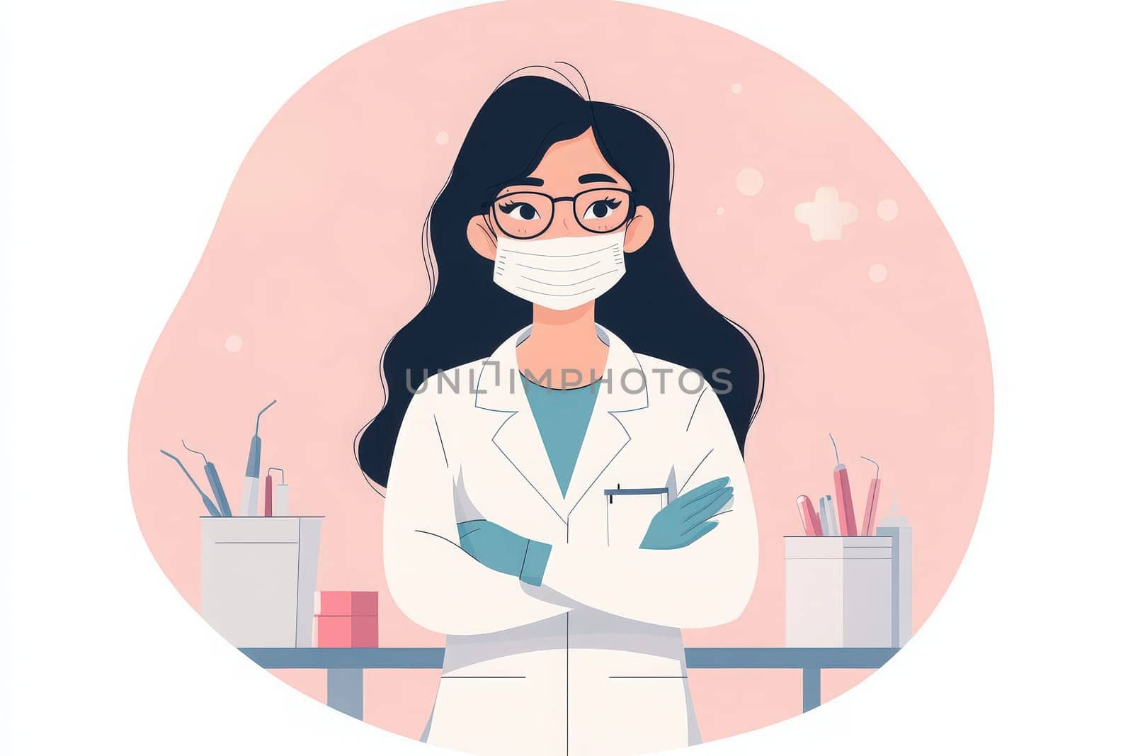A female dentist stands confidently in a modern clinic, wearing a lab coat and mask. Behind her, dental instruments are neatly arranged, highlighting a professional and welcoming environment.